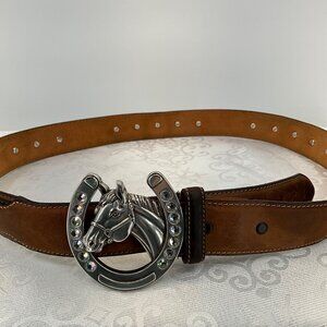 Justin Brown Leather Belt W/ Nocona Horse & Horseshoe Rhinestone Buckle Size 36